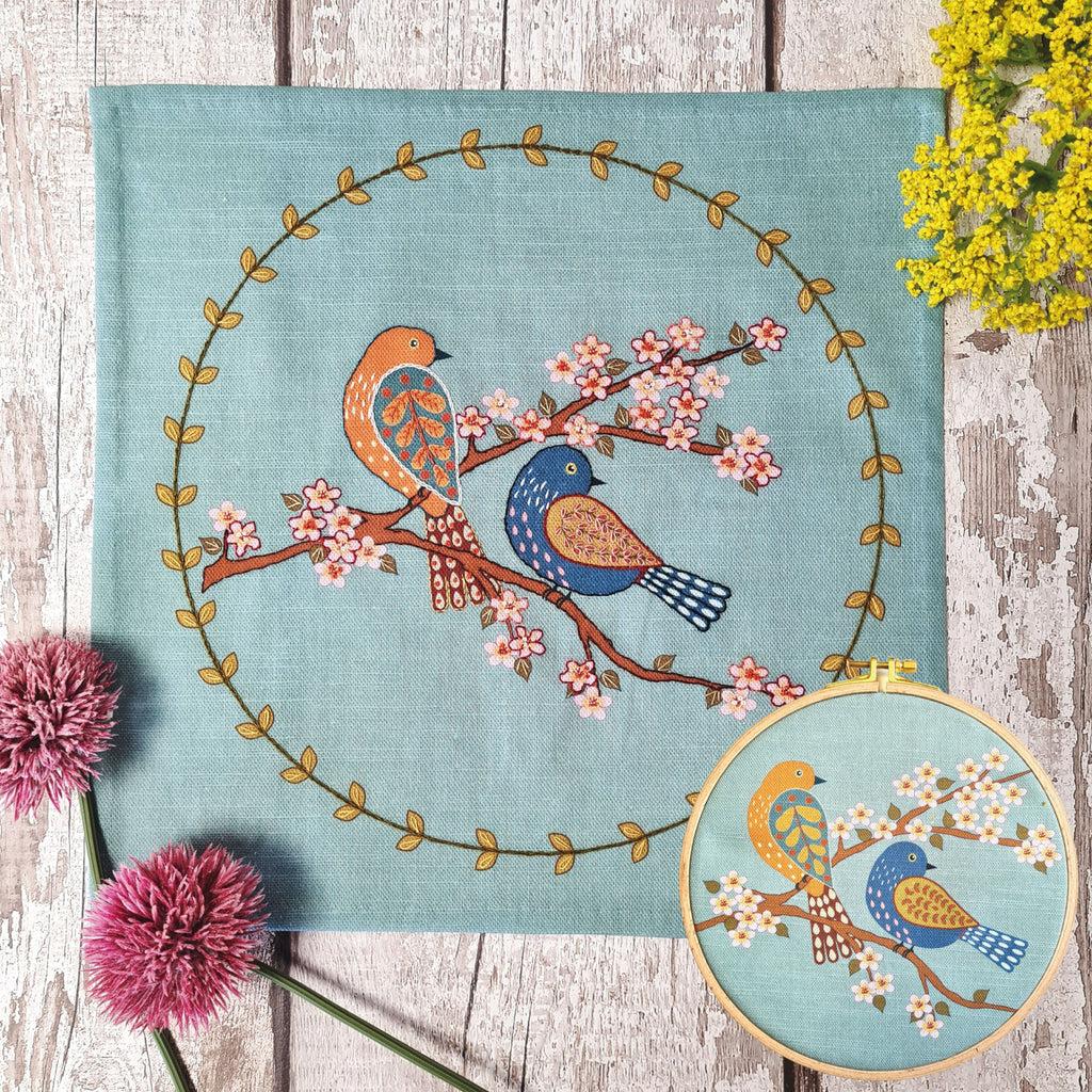 Printed Linen Embroidery Kit - Birds and Blossoms