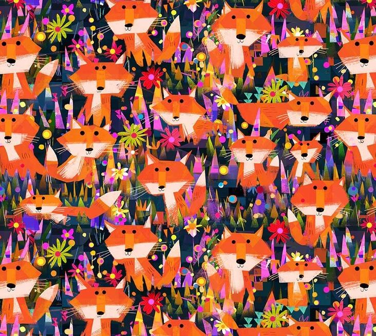 Animal Kingdom 554556D-2 Foxes and Flowers Midnight Blue - Quilted Strait