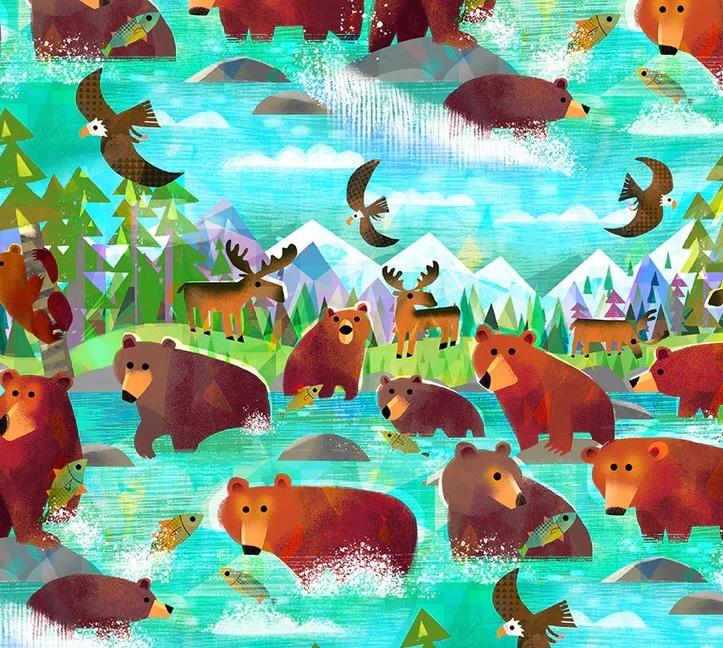 Animal Kingdom 55455D-1 Bathing Bears Turquoise - Quilted Strait