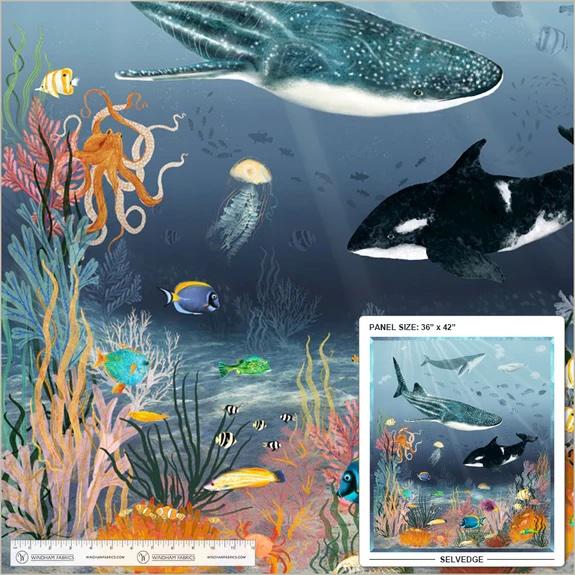 Deep Blue Panel Beyond the Reef - Quilted Strait