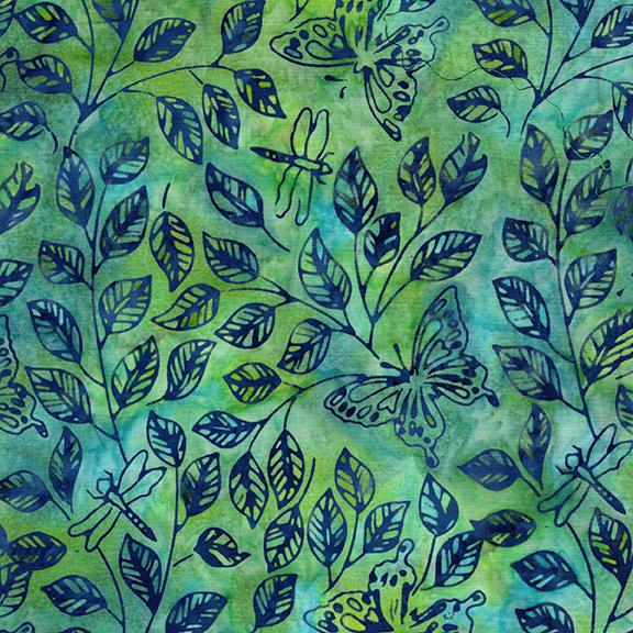 Enchanted Flutter 07840 Butterfly Dragonfly Leaves Multi Blue Green Marbles - Quilted Strait