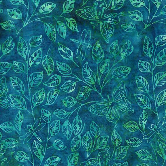 Enchanted Flutter 07975 Butterfly Dragonfly Leaves Teal Bermuda - Quilted Strait