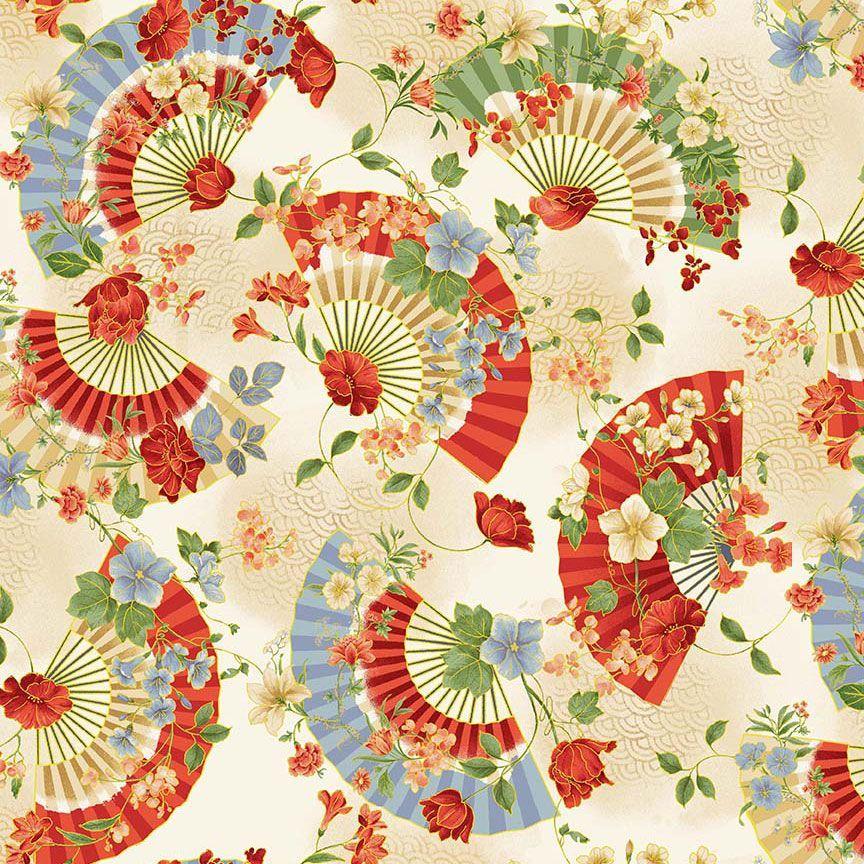 Imperial Bloom CM4376 Asian Floral Fans Metallic Beige