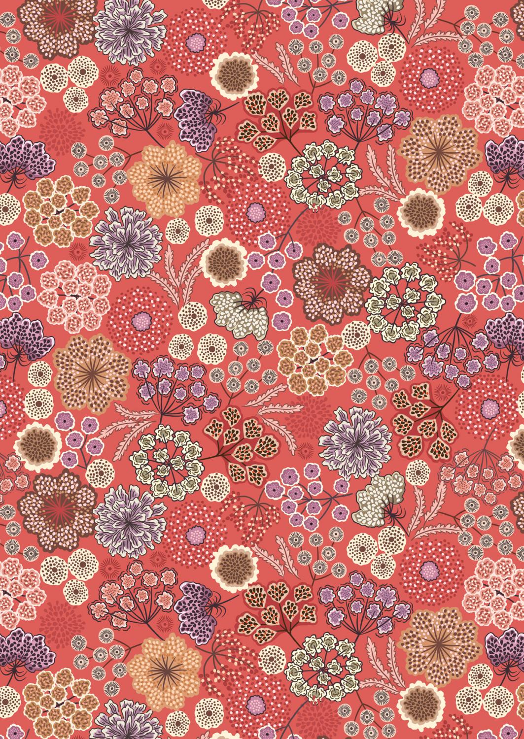 Jardin d&#39;Automne 926C Large Autumn Floral on Warm Red