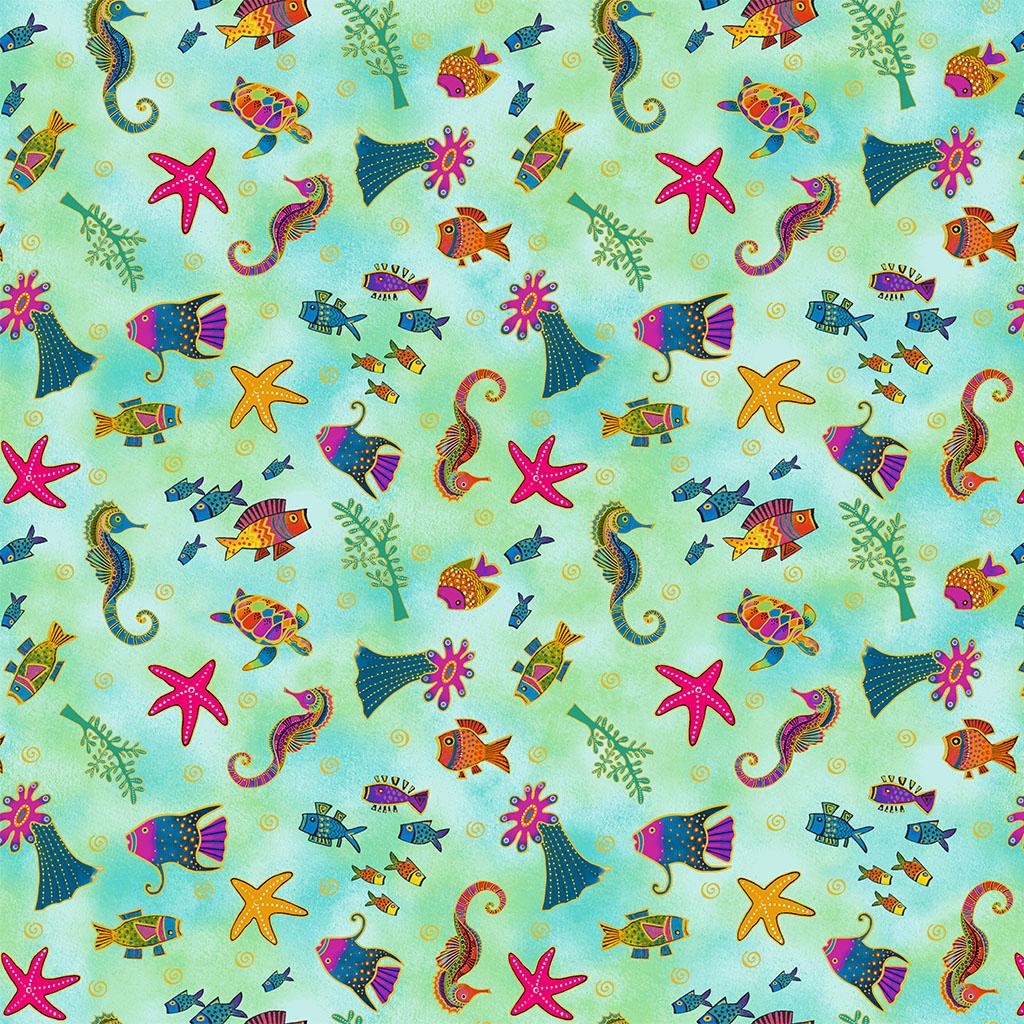 Oceania 4703-101M Sealife Turquoise Gold Metallic - Quilted Strait