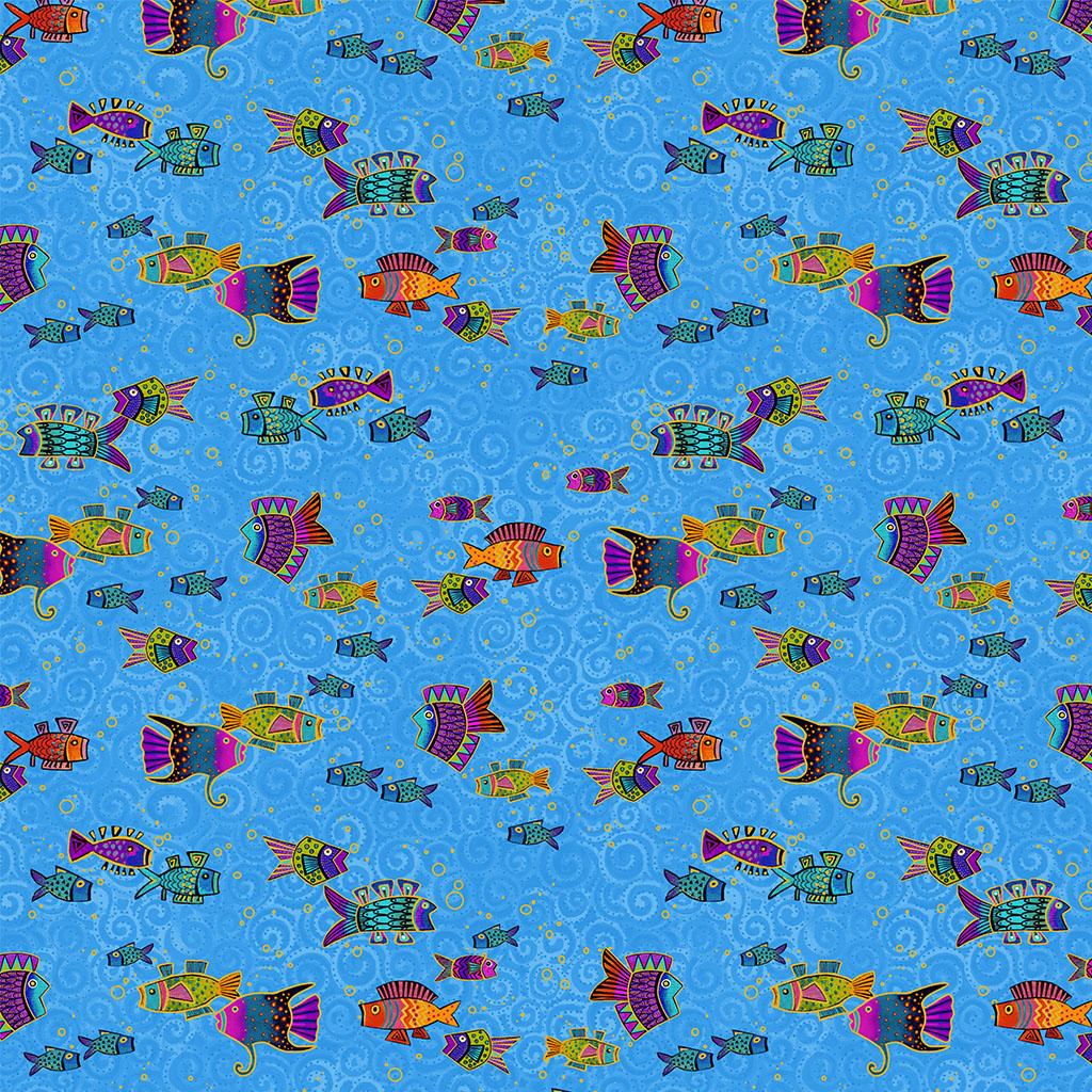 Oceania 4704-90M Fish Blue Gold Metallic - Quilted Strait