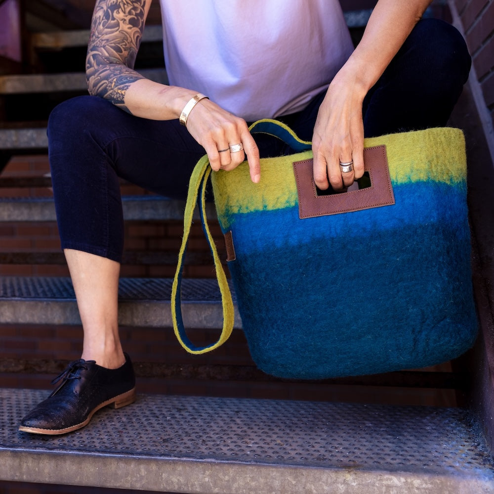 Wool Felted Ombre Tote - Aqua - FM1