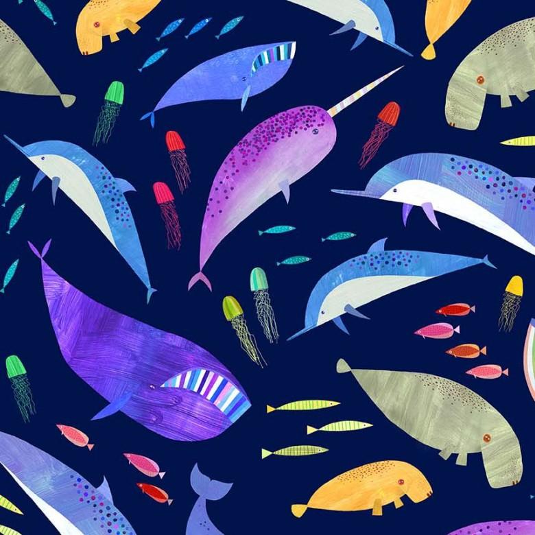 Colorful Aquatic World 11355 Navy Friends of the Sea - Quilted Strait